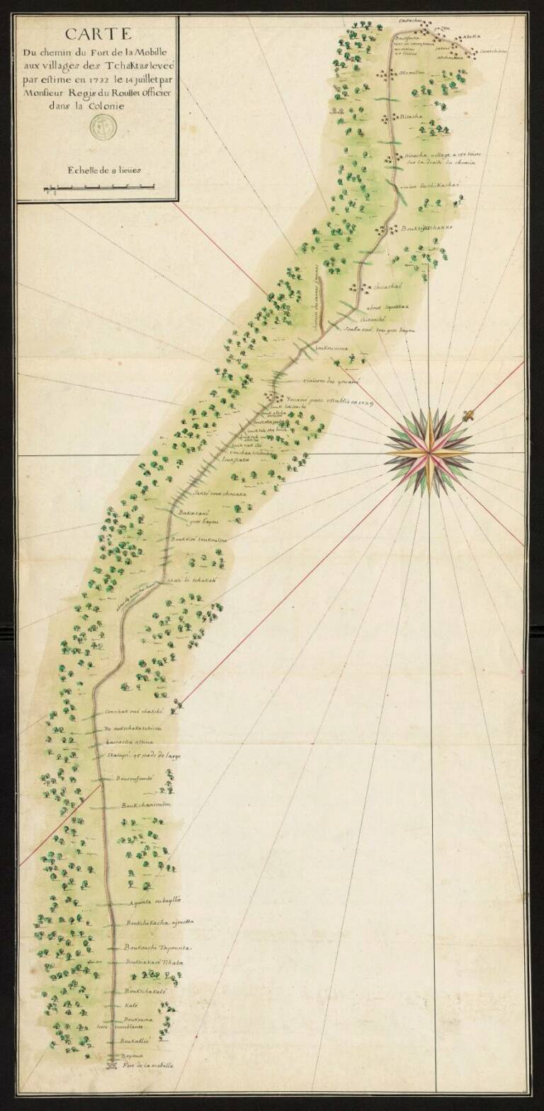 CROYAN - Carte du chemin du fort de la Mobille aux villages des Tchaktas … (1732), Louis Joseph Guillaume Régis du Roullet Service historique de la Défense, Collection des 71 recueils, Recueil 68, carte n°71
