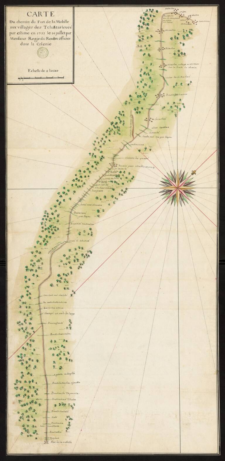 CROYAN - Carte du chemin du fort de la Mobille aux villages des Tchaktas … (1732), Louis Joseph Guillaume Régis du Roullet Service historique de la Défense, Collection des 71 recueils, Recueil 68, carte n°71